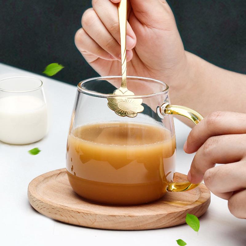 玻璃水杯加厚六色杯带把茶杯酸奶杯咖啡杯大容量透明水杯家用套装