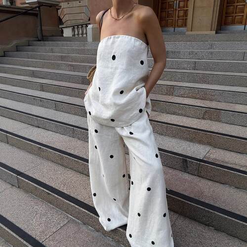 Flat chested pants set with polka dots for women