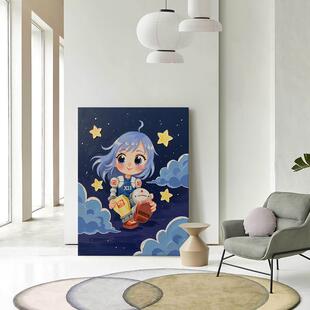 治愈系儿童卧室床头装 饰画客厅沙发手绘油画小众艺术玄关落地挂画