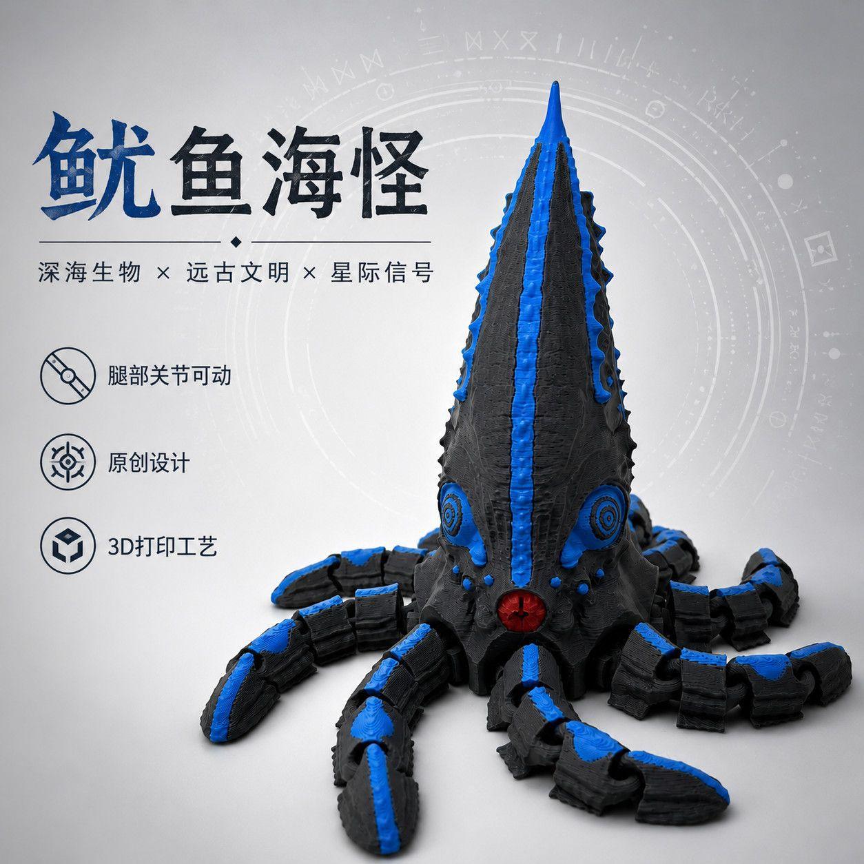 设计深海鱿鱼海怪怪物3D模型摆件
