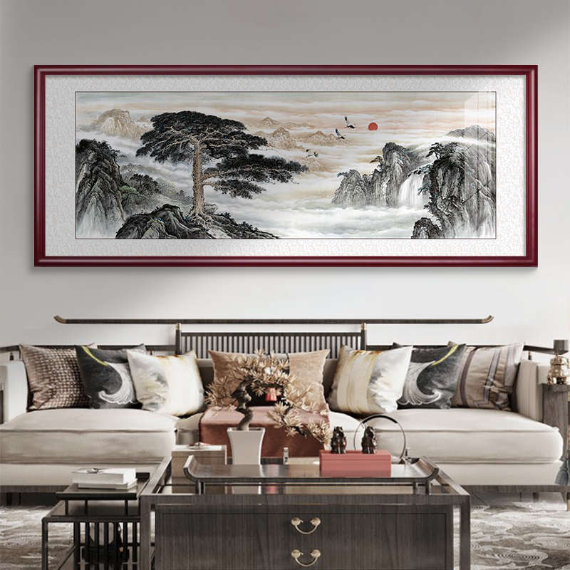 迎客松挂画客厅装饰画国画山水画办公室靠山图茶室沙发背景墙壁画