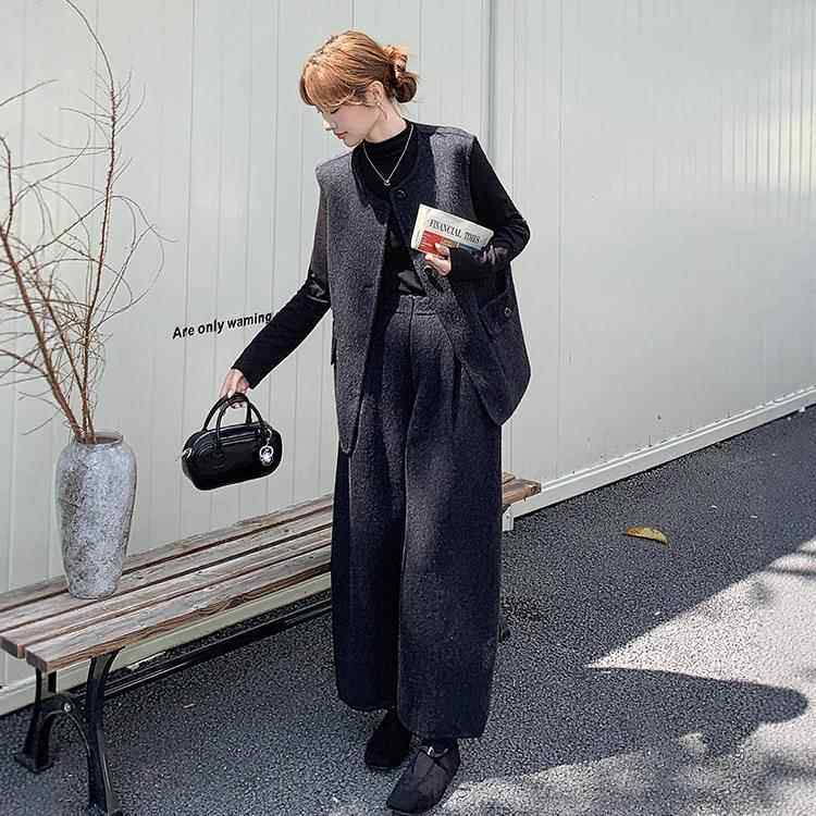 青韩系双面色呢羊毛马打甲套装女冬季底藏衫高腰阔c262-890腿裤三
