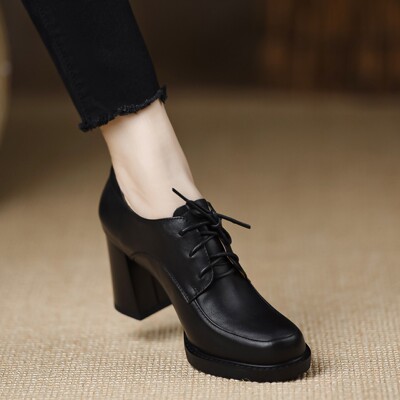 【意大利~Caropalfi】7.5cm高跟粗跟防水台单鞋女真皮圆头系带