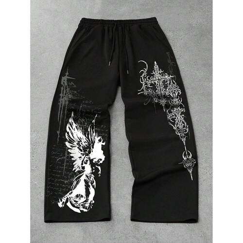 Men Regular Angel Letter Print Drawstring Waist Pants Casual