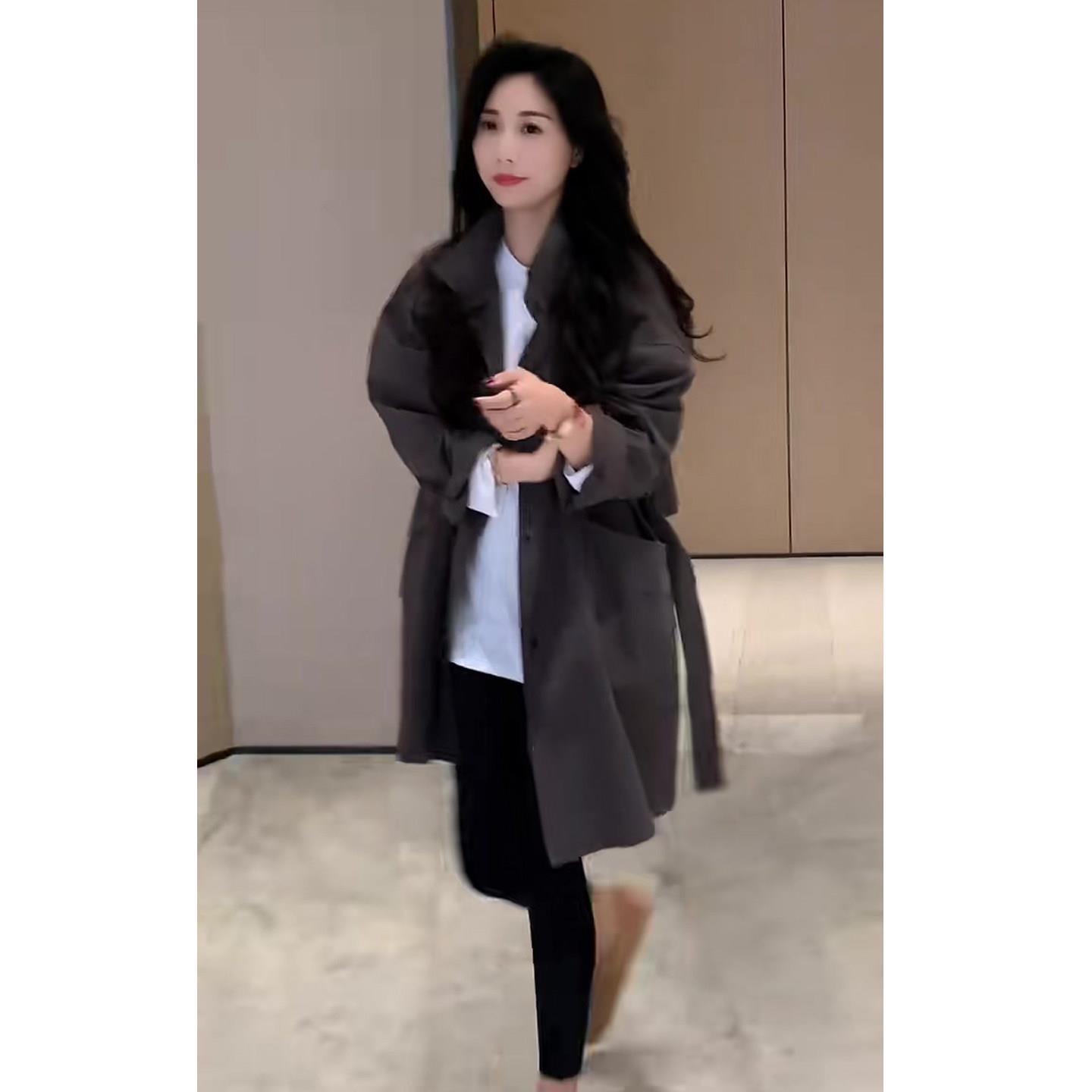 新品高级感翻领绑带风衣女2026秋季新款简约百搭宽松大衣时髦气质