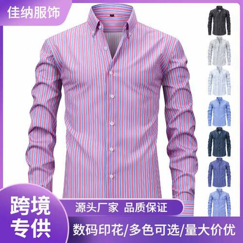 Men Striped Print Sleeve Shirt Casual Comfy Button Collared