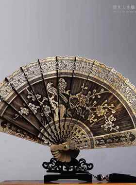 新款金楠木摆扇子折扇香木古典中国风叠装丝饰镂空雕刻工艺折品中