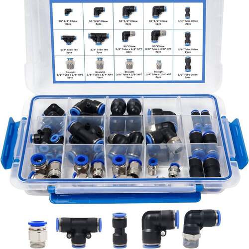 37件气动接头,NPT螺纹按压连接配件1/4,3/8,1/2英寸组多规格套装