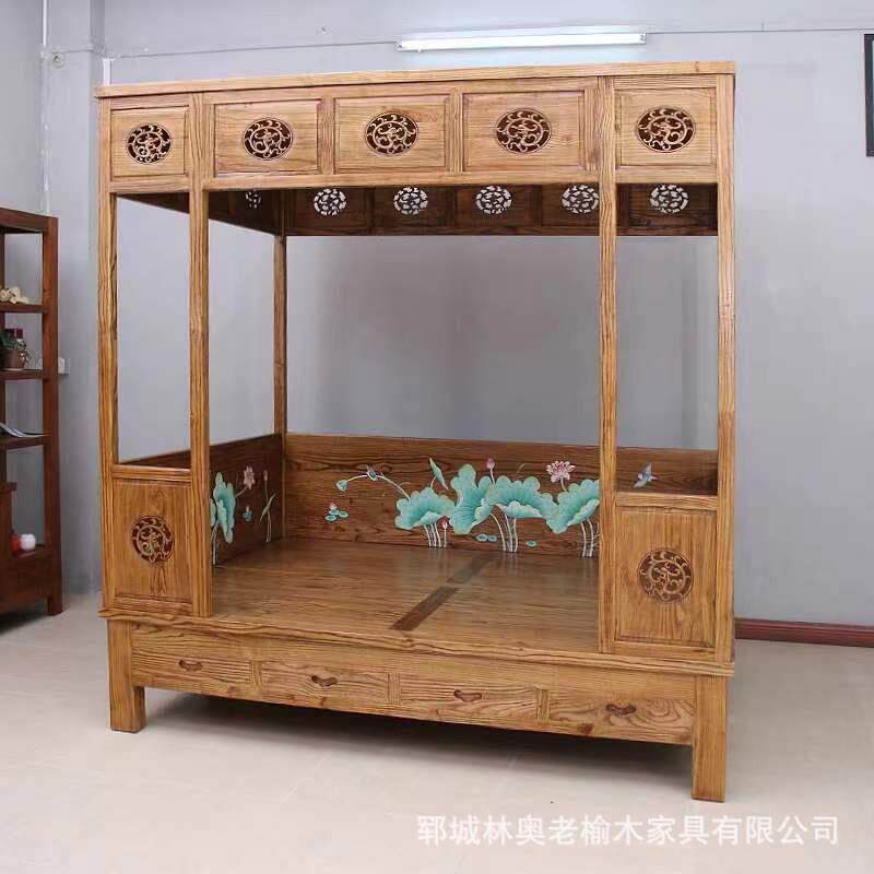 老榆木民宿大床古典架子床手绘复古抽屉式老榆木雕花双人大床