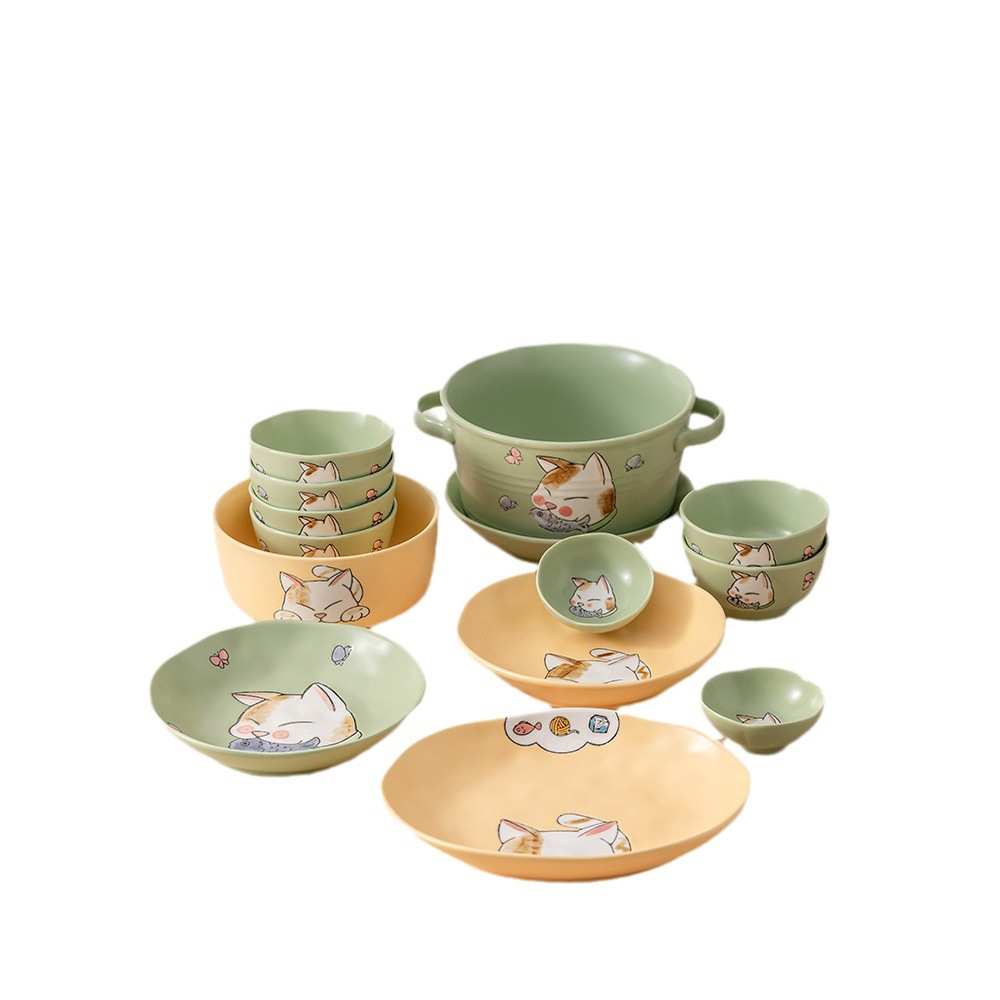 日式卡通餐具碗碟套装家用可爱碗盘乔迁碗具创意情侣碗筷2人陶瓷