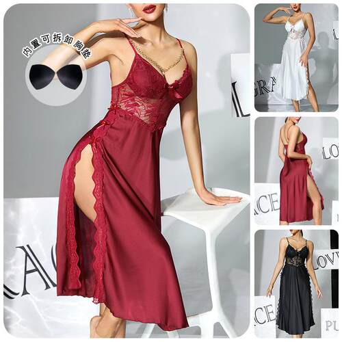 Lace patchwork high slit nightgown with built-in