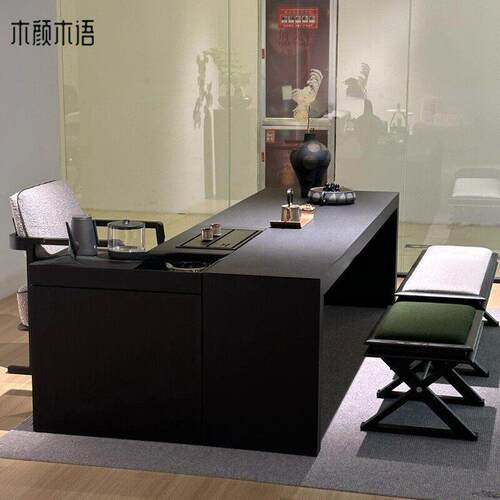 新中式极简茶桌椅实木意式岛台黑胡桃木茶室办公室设计师款茶台几