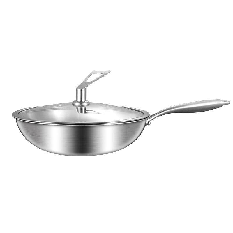 304光板不粘炒锅无涂层健康炒锅平底锅电炒锅家用商用不锈钢炒锅