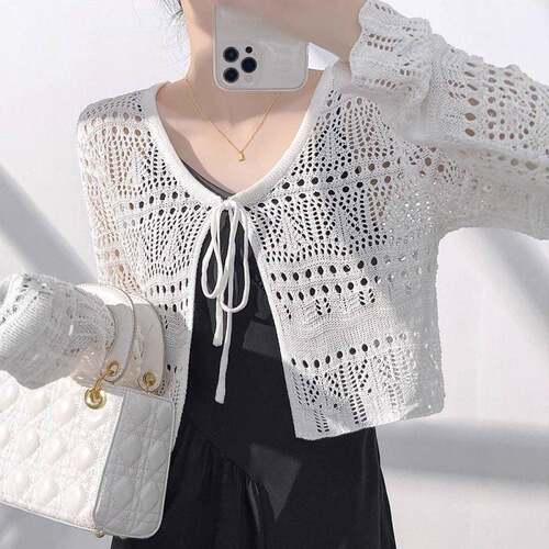 Women Plain Out Crochet Knitted Cardigan Casual Sleeve Tie