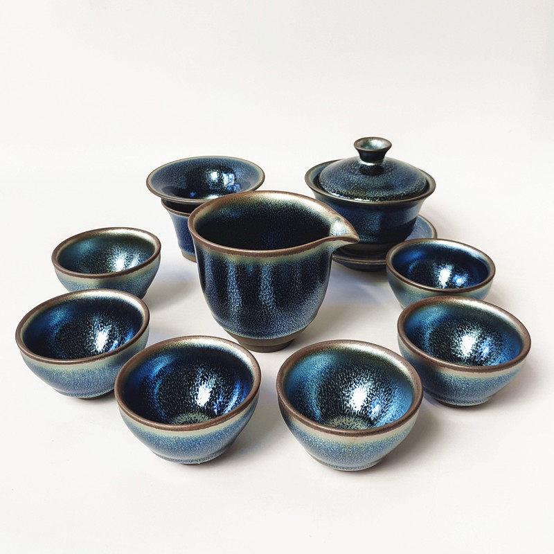 建阳建盏茶具套装整套天目盏陶瓷高档蓝麒麟盖碗公道功夫茶茗品杯