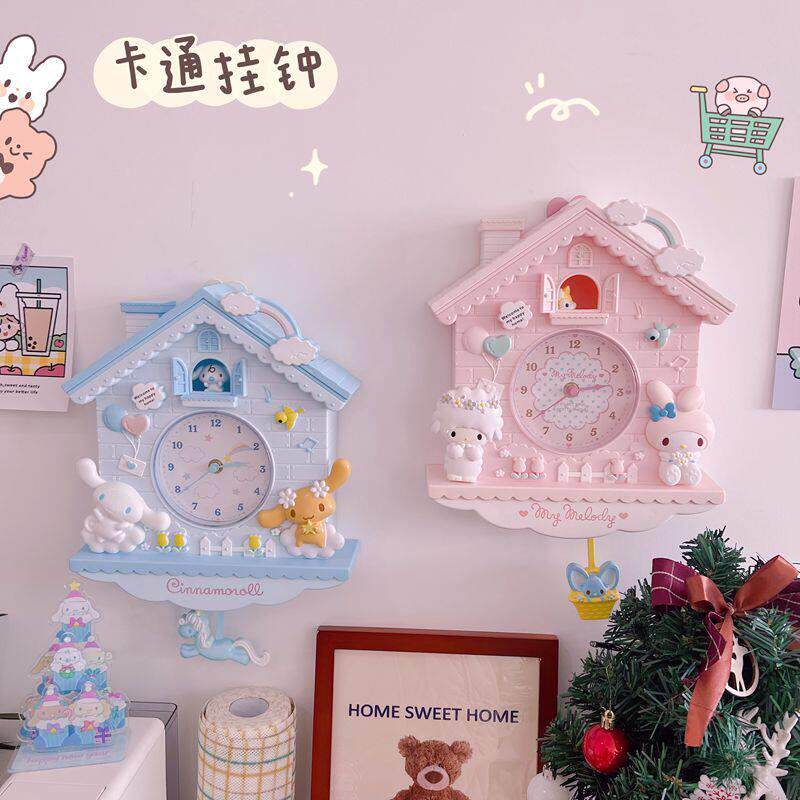 可爱美乐蒂粉嫩卧室装饰壁挂钟表melody玉桂狗摆钟少女心房间挂件