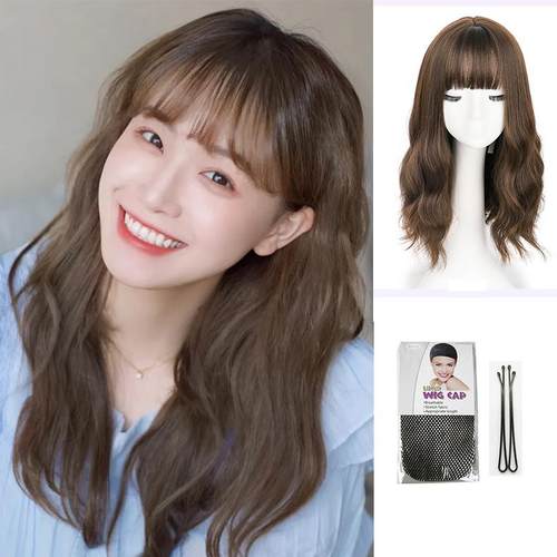 正品奶女茶灰蓬棕色假发妇长卷发，大波浪，中长发，松的冷金茶棕