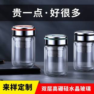 便携家用水杯高颜值隔热透明玻璃茶杯批发 玻璃杯双层带盖矮胖男士