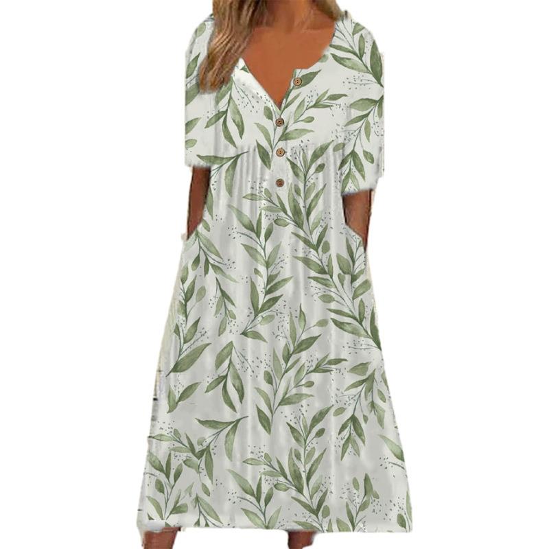 dress long pocket womens dress short-sleeved button V-neck