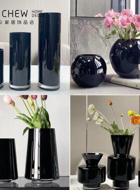 轻奢北欧黑色玻璃花瓶加厚水培插花样板间样品屋展示中心客厅餐桌