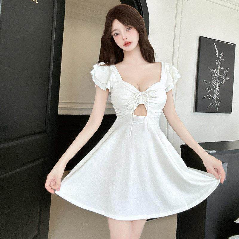夜场公主柔式衣服荷叶袖低胸洋装性感大摆短裙桑拿技师服夏