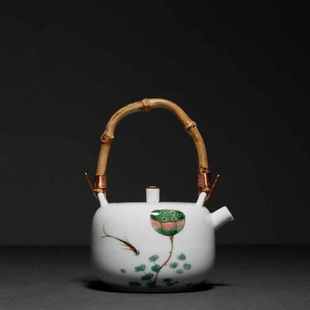 纯手绘鱼戏莲花小提梁壶功夫茶具家用泡茶壶釉下彩陶瓷单壶泡茶器