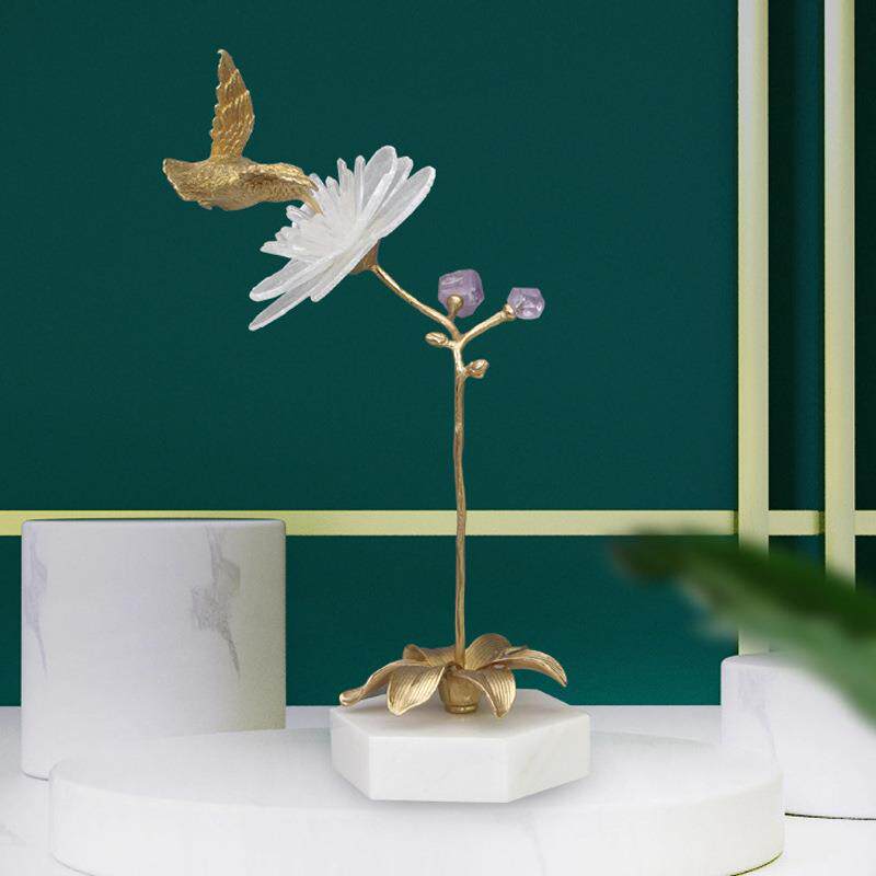 轻奢后现代家居客厅茶几电视柜玄关装饰品水晶石花铜鸟艺术品摆件