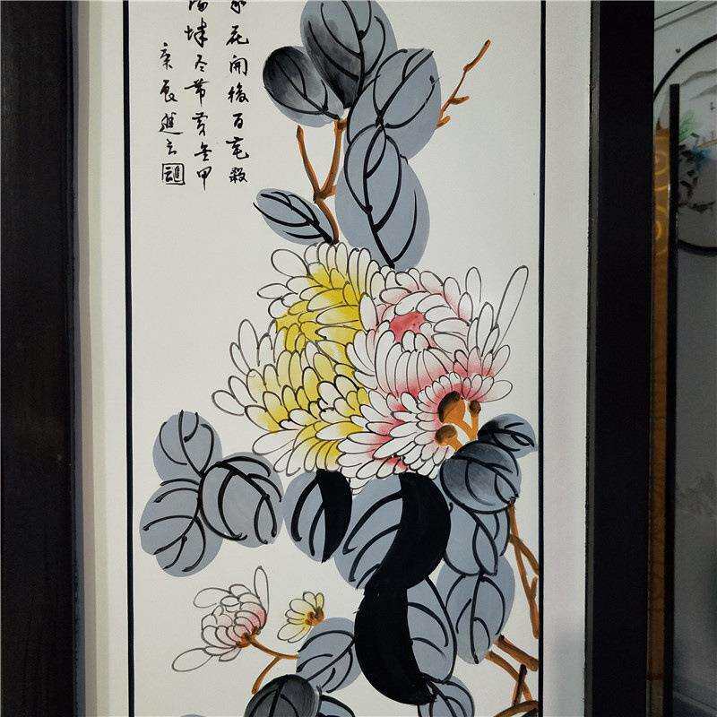 四季花屏风白色底双面手绘梅兰竹菊装饰摆件中国特色木质工艺隔断
