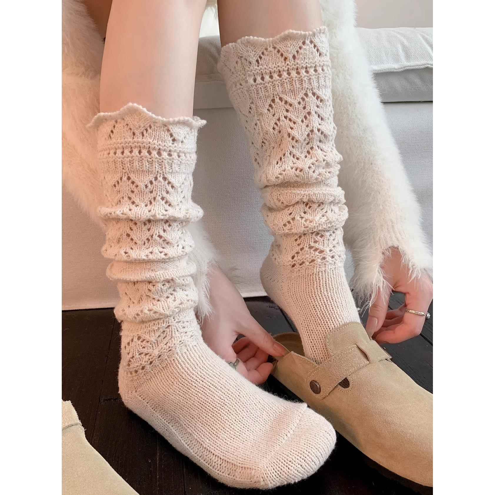 白色小腿袜女芭蕾风浮雕镂空堆堆袜春秋复古高级感重工针织中筒袜