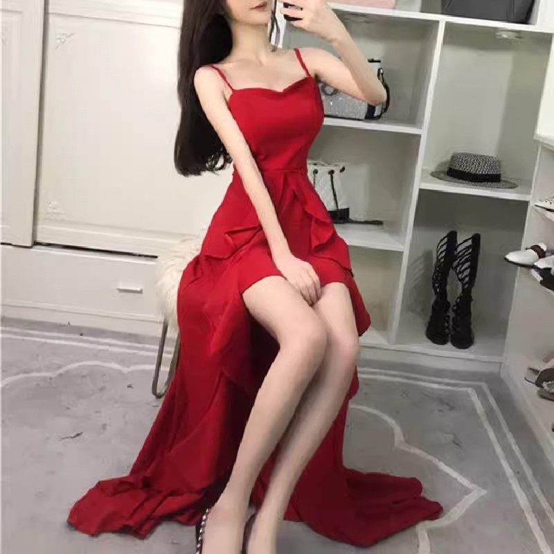 红色晚礼服吊带洋装女高贵气质修身宴会新娘敬酒服前短后长