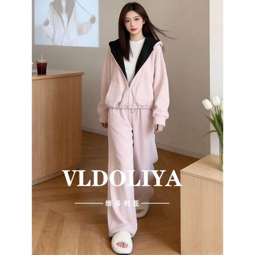 VLDOLIYA维多利亚休闲运动套装女2026春季新款连帽拉链卫衣两件套