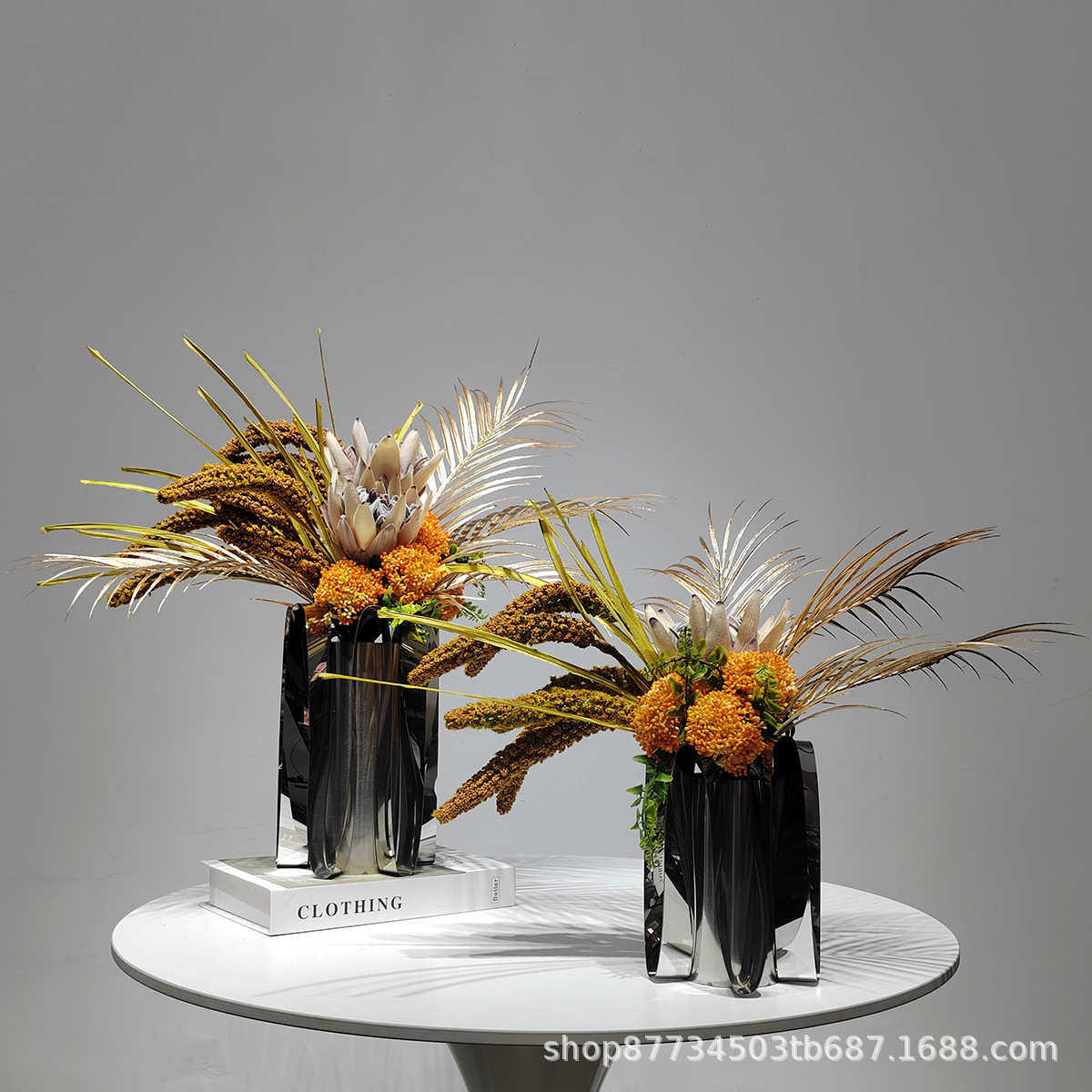 轻奢高端橙色干花不锈钢花瓶摆件样板房客厅餐桌茶几软装花艺摆设,鲜花速递/花卉仿真/绿植园艺,仿真绿植,淘宝优惠券,粉丝福利购,淘宝优惠卷