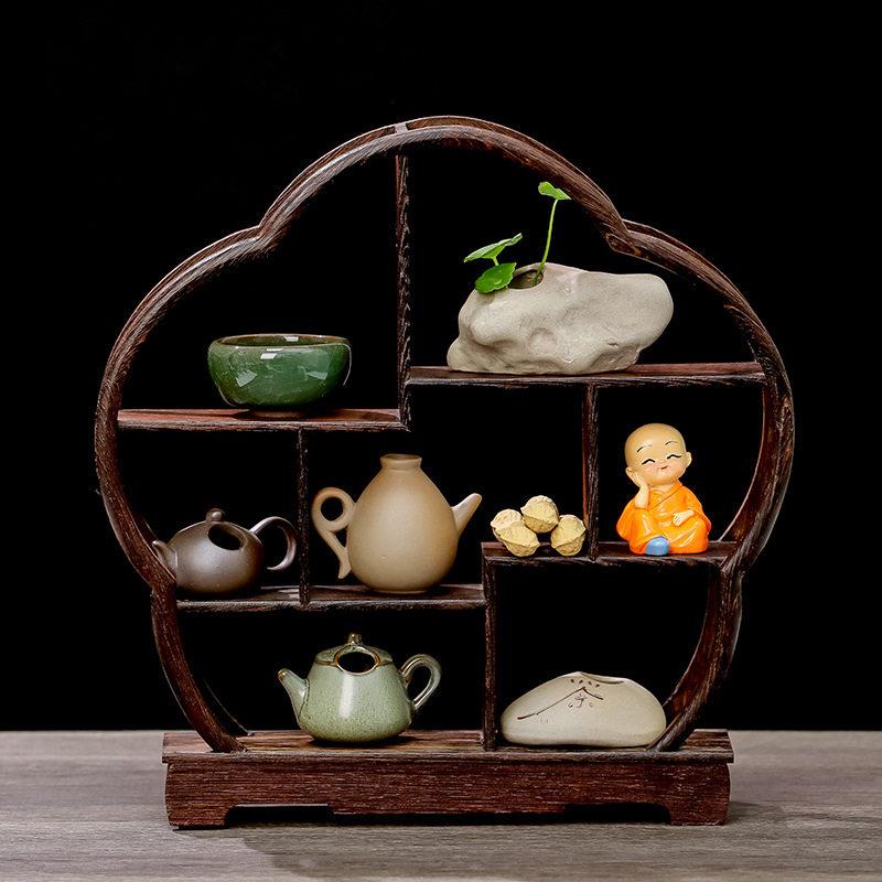 新中式茶壶博古架家居客厅茶桌装饰品实木小摆件茶道茶壶收纳台新