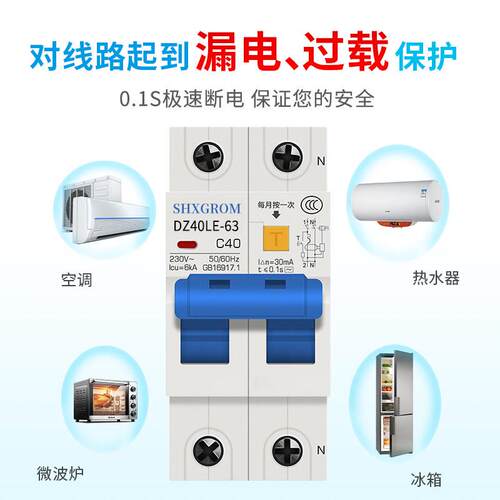 上海人民2P两位漏电保护器220V漏保开关DZ47le-63A40A32A家用空开