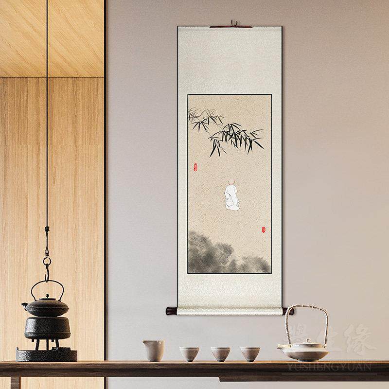 禅意小和尚卷轴挂画 画竖版玄关走廊过道装饰画 画饭厅书房茶室墙