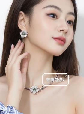 新品花朵微镶锆石项链耳环两件套晚宴配礼服珠宝新娘婚礼婚纱配饰