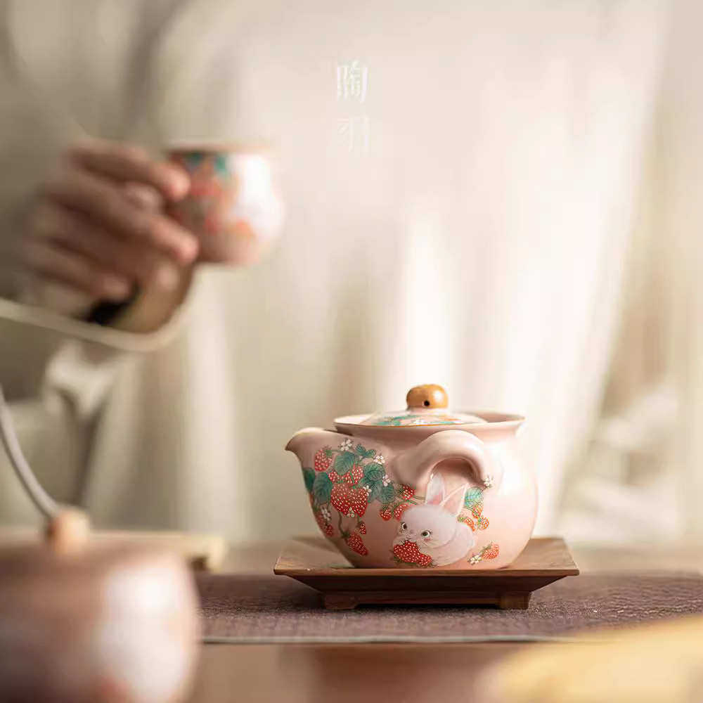 粉色汝窑草莓兔手抓壶单个高档茶壶泡茶不烫手小号茶碗功夫茶具,餐饮具,茶壶,淘宝优惠券,粉丝福利购,淘宝优惠卷