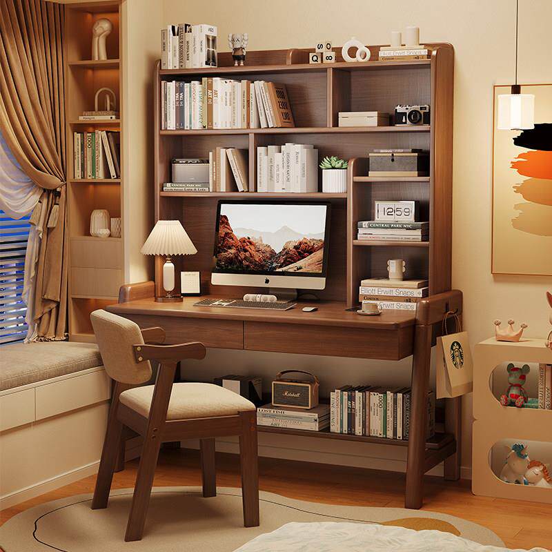 实木书桌家用电脑桌书架桌子一体办公桌小学生学习桌可升降书桌