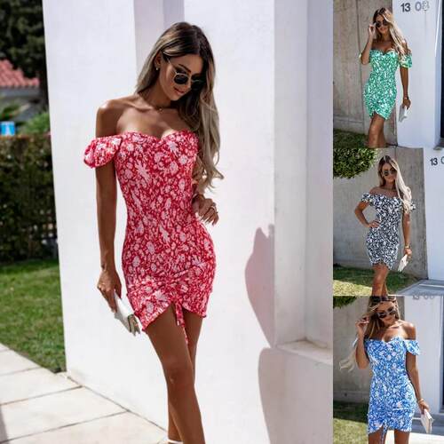 Off shoulder collar printed bag hip dress