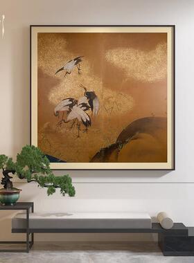 新中式古典仙鹤黄色中国风禅意玄关客厅装饰画背景墙壁画方形挂画
