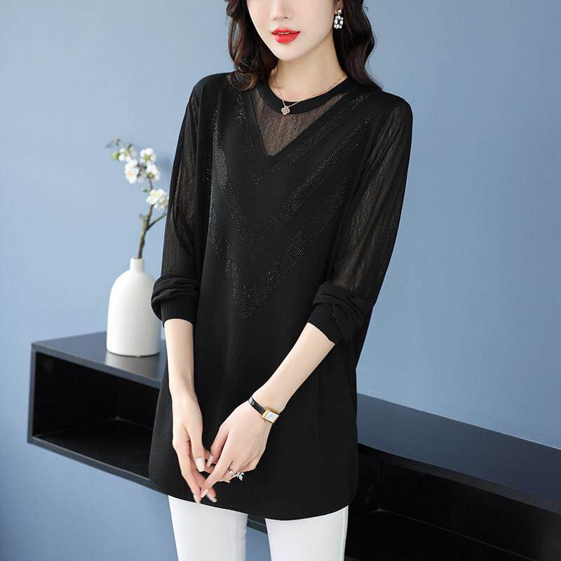 中年妈妈春装薄款冰丝长袖体恤衫女宽松洋气中长款打底衫休闲t恤