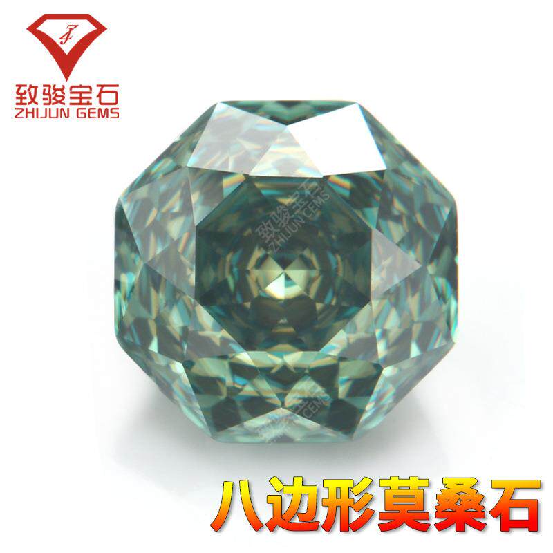 异形八边形蓝绿莫桑石裸石花式切割蓝绿色莫桑石戒面主石厂家