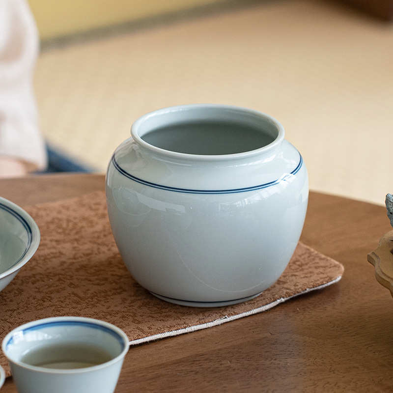 陶瓷青釉杯茶缸茶渣茶水杯洗仿古洗孟中式新建水双线配件洗水桶