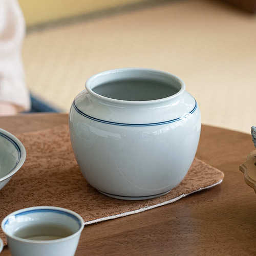 仿古青釉建水茶洗水孟杯洗陶瓷新中式双线杯洗茶渣缸茶水桶配件