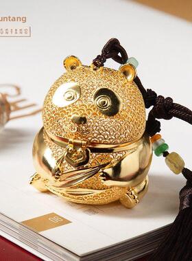 黄铜熊猫摆件胸有成竹车载挂件手把件随身把玩镂空香薰送朋友礼物