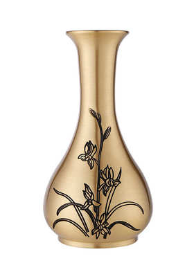 纯黄铜仿古浮雕花瓶家居竹子插花器摆件客厅桌面装饰小兰花花瓶