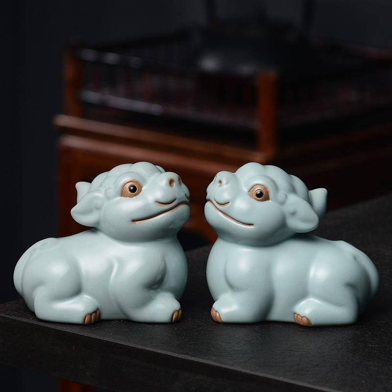 窑麒麟茶宠摆件天青色汝瓷可养开片可貔爱创41招意财貅茶汝艺配件