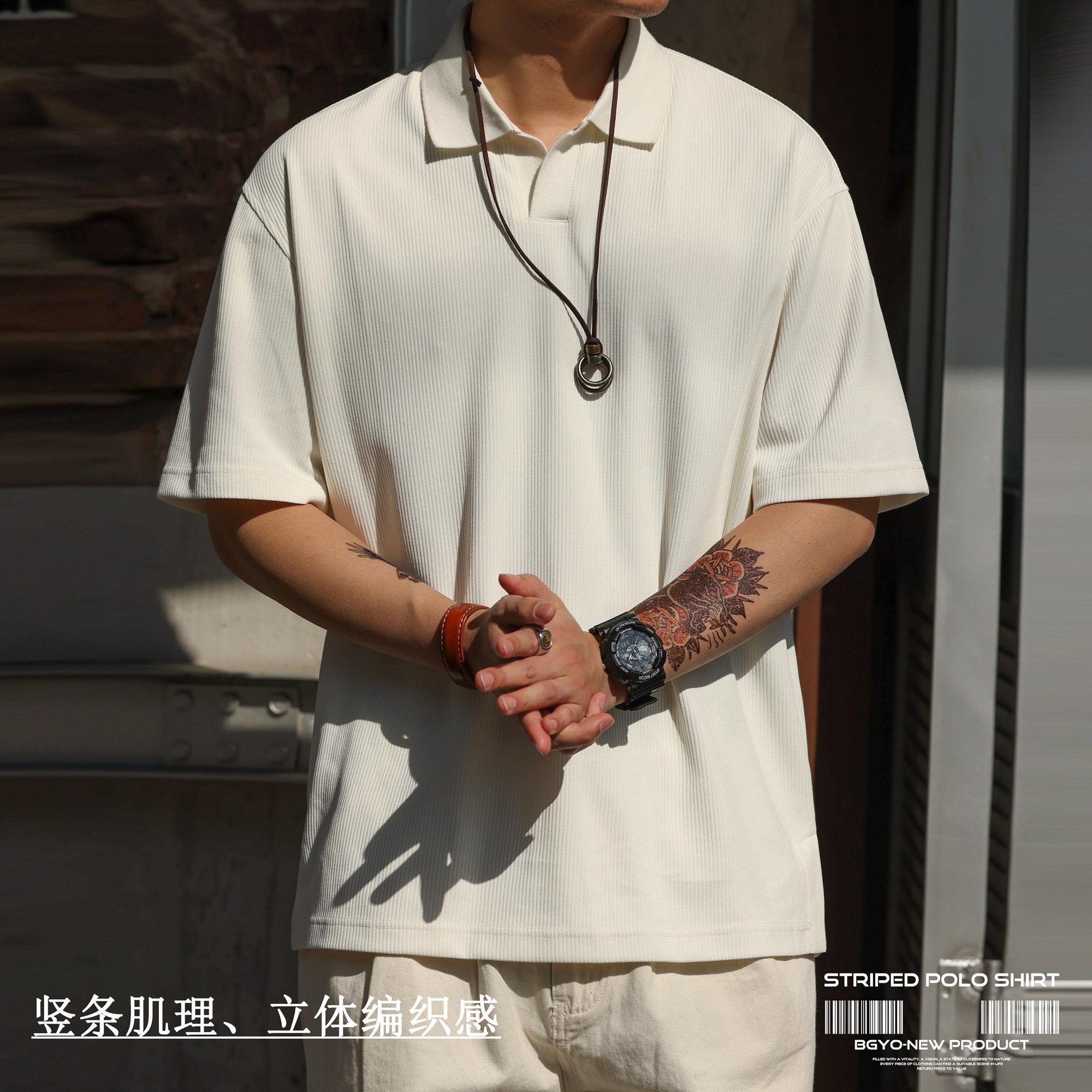 Ander Jurnal美式休闲竖条肌理小V领短袖T恤男士立体编织感polo衫