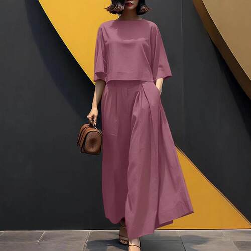 Set Women's Solid Color 3/4 Sleeve V Neck Top & Wide Leg