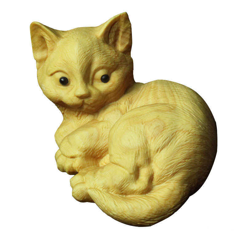 小叶黄杨木雕创意波斯猫宠物手把件雕刻木质手工艺品招财汽车摆件